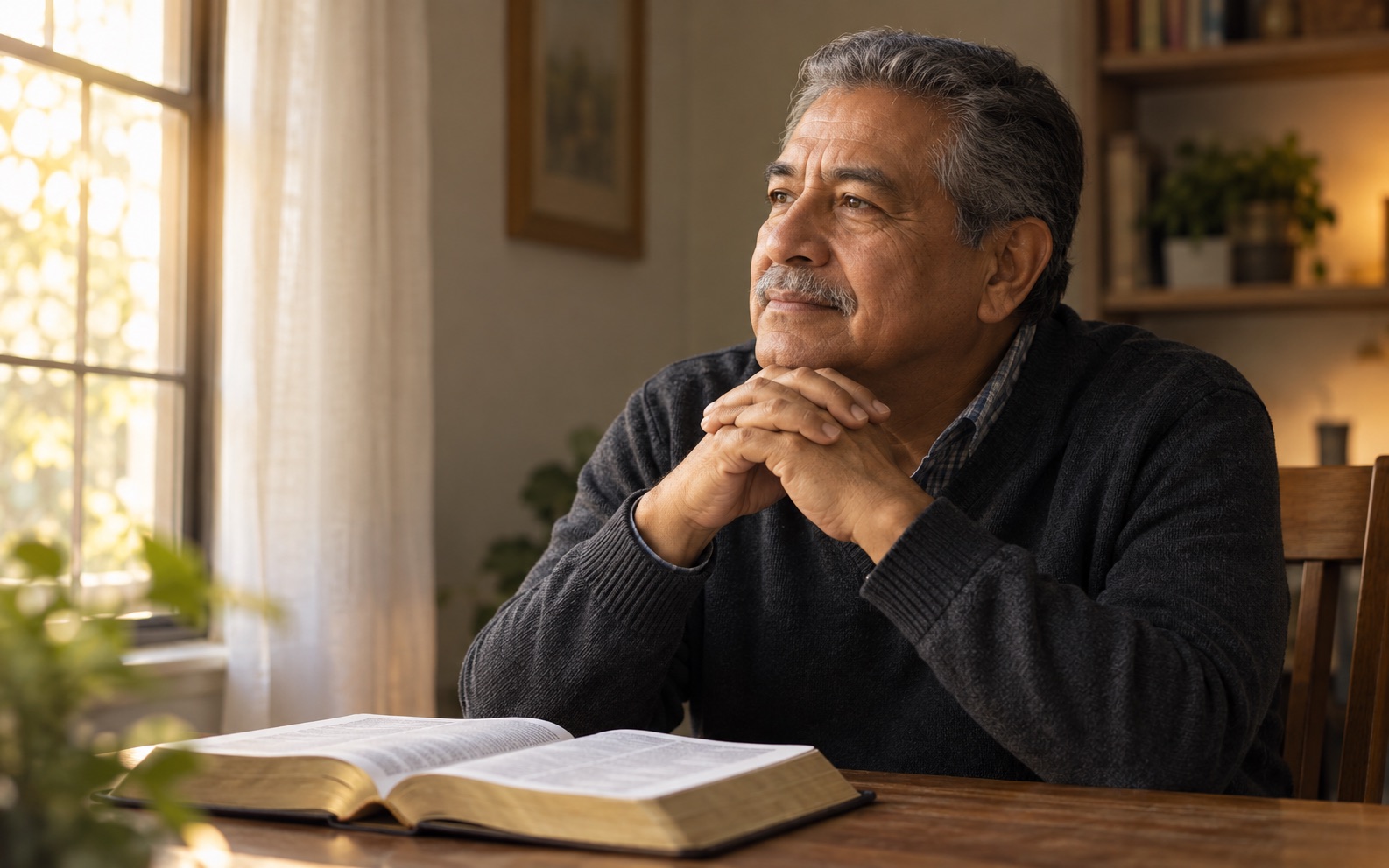 Hombre reflexionando junto a una Biblia abierta